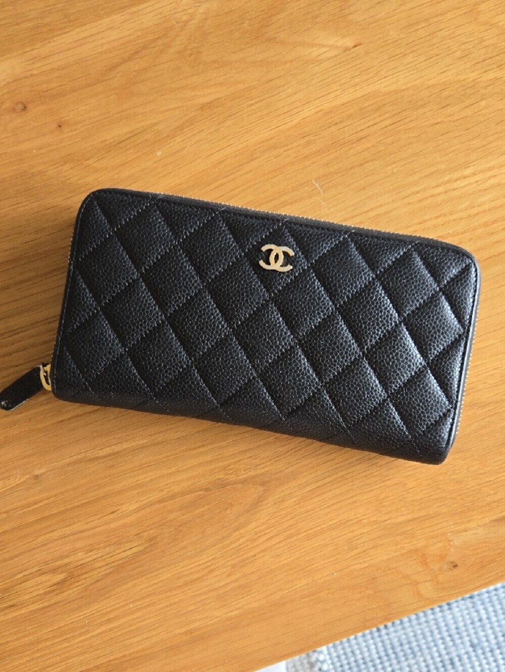 CHANEL Black Caviar Leather Quilted Zip-Around Wallet with CC Logo, GUC